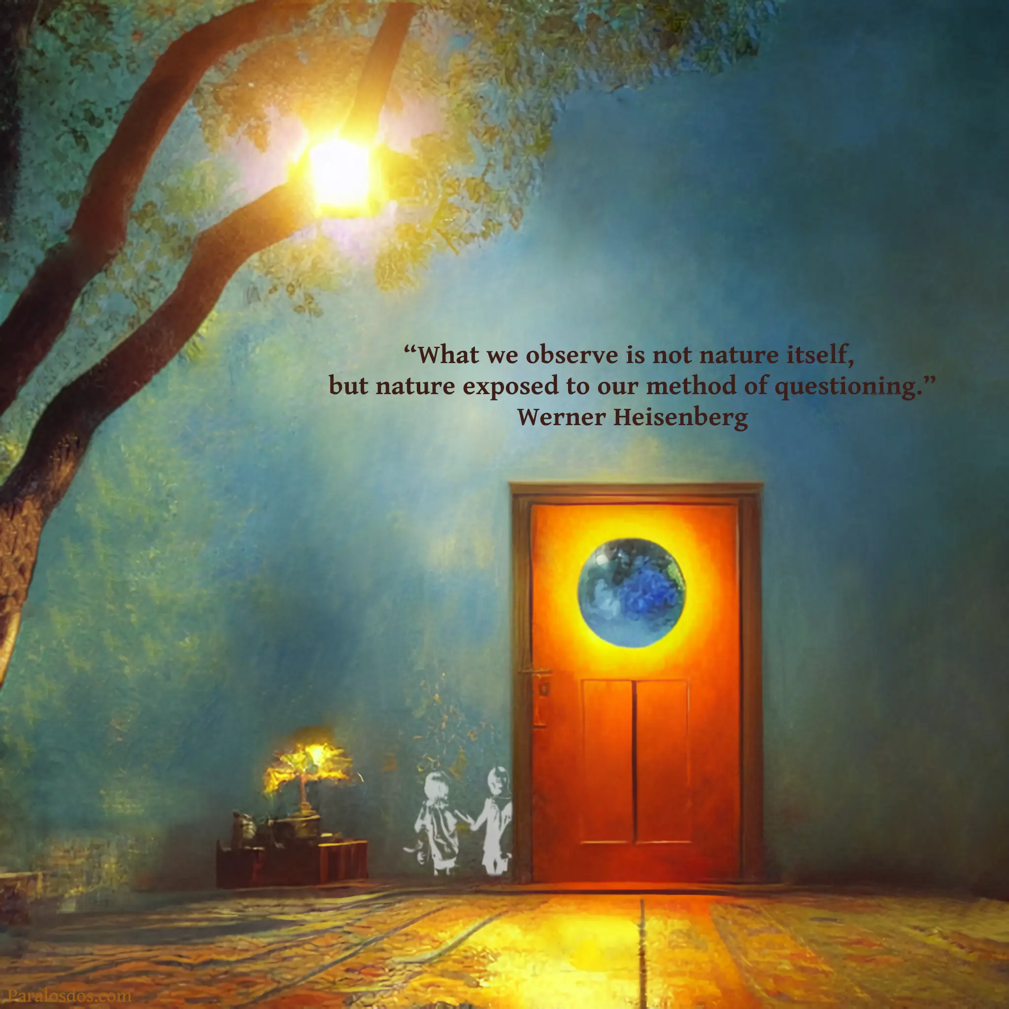 An artistic rendering of a doorway in front of a very old floor. The door has a glowing world in it. There is no wall behind the door, just space and the hint of a forest. The quote reads: “What we observe is not nature itself, but nature exposed to our method of questioning.” Werner Heisenberg