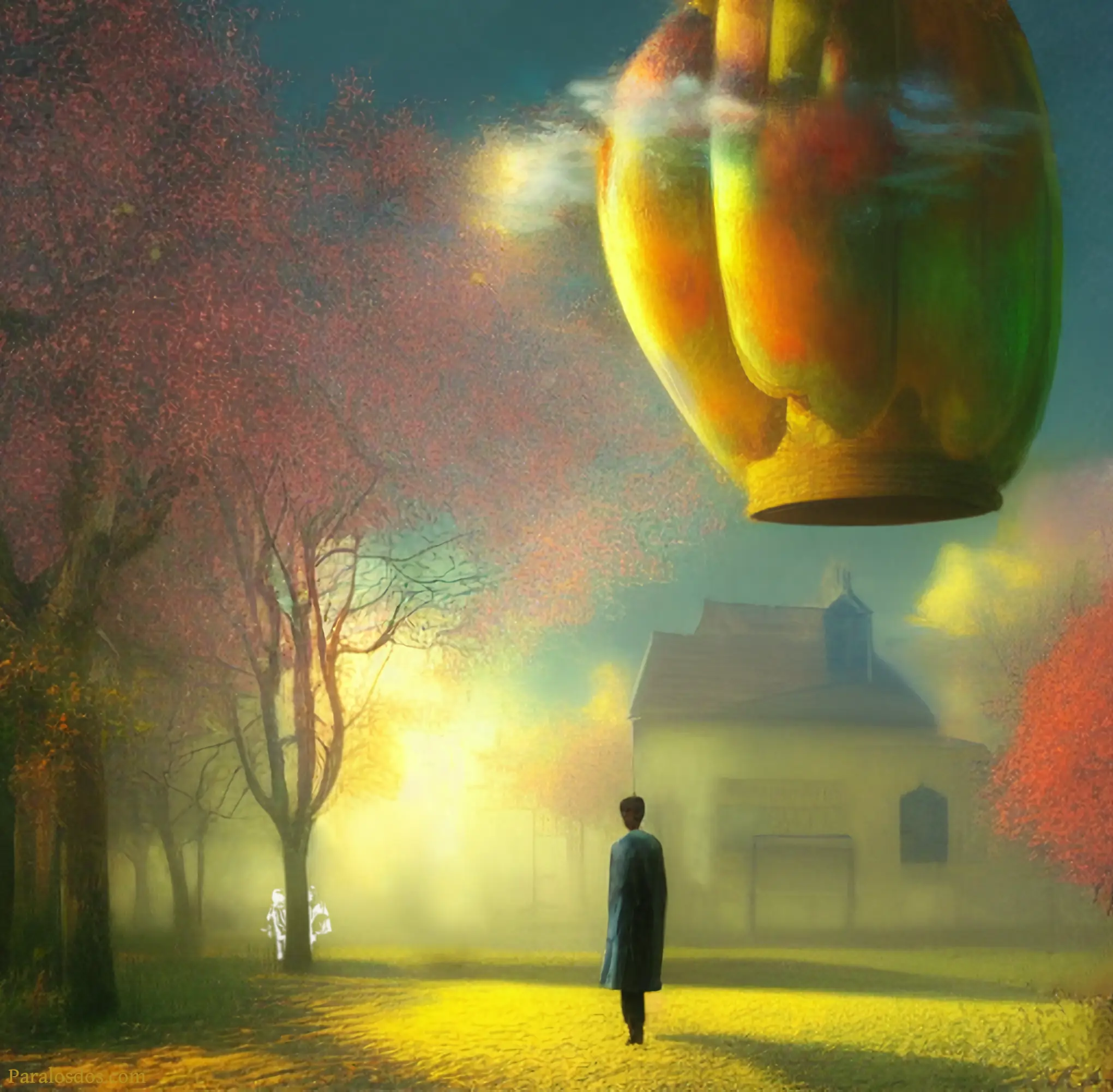 A fantastical artistic rendering of a figure on a brightly lit day walking towards an old house in a field. Above the house is a weird and colourful hot air balloon without a gondola.