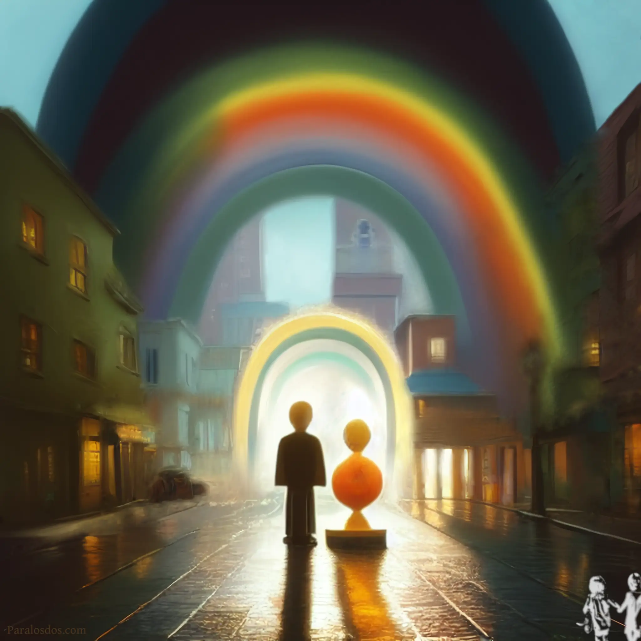 A fantastical artistic rendering of a human figure standing beside a robot figure and a city street. They are facing an arch that has another arch above it. The second arch has rainbow colours.