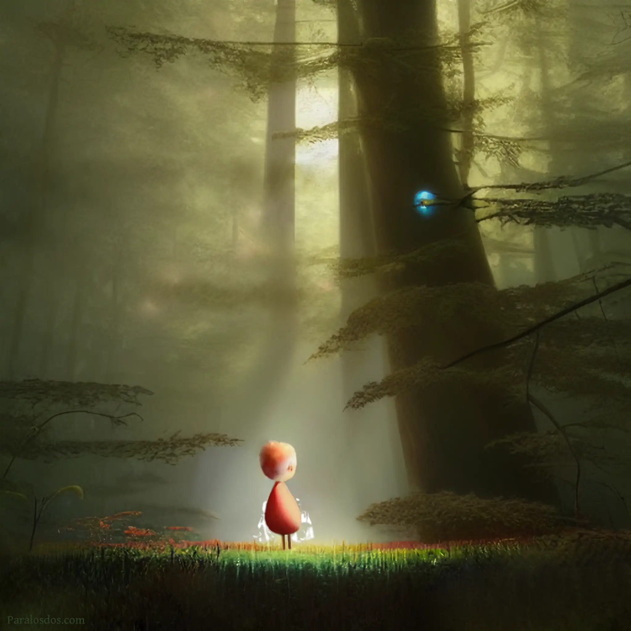 An artistic rendering of a figure bathed in light i a peaceful woods.