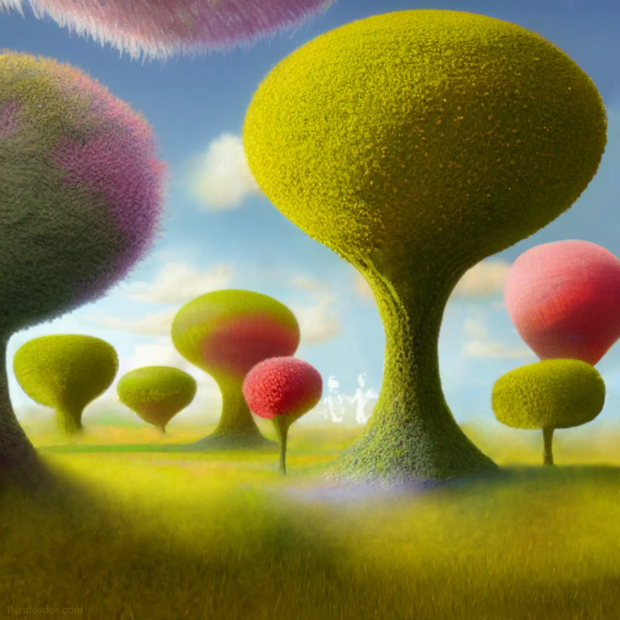 An artistic rendering of odd trees in a field.