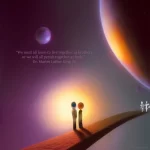 A fantastical artistic rendering of two figures standing together on a peninsula in space, there are planets in the background. The quote reads: "We must all learn to live together as brothers or we will all perish together as fools." Dr. Martin Luther King, Jr.