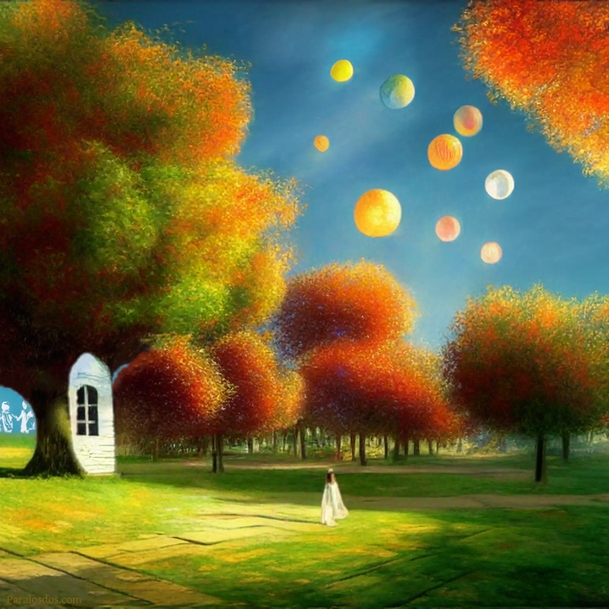 A fantastical artistic rendering of a colourful, idyllic scene in a file with trees. There are balloons like objects in the sky, and the side of a small house appears to be growing from a tree.