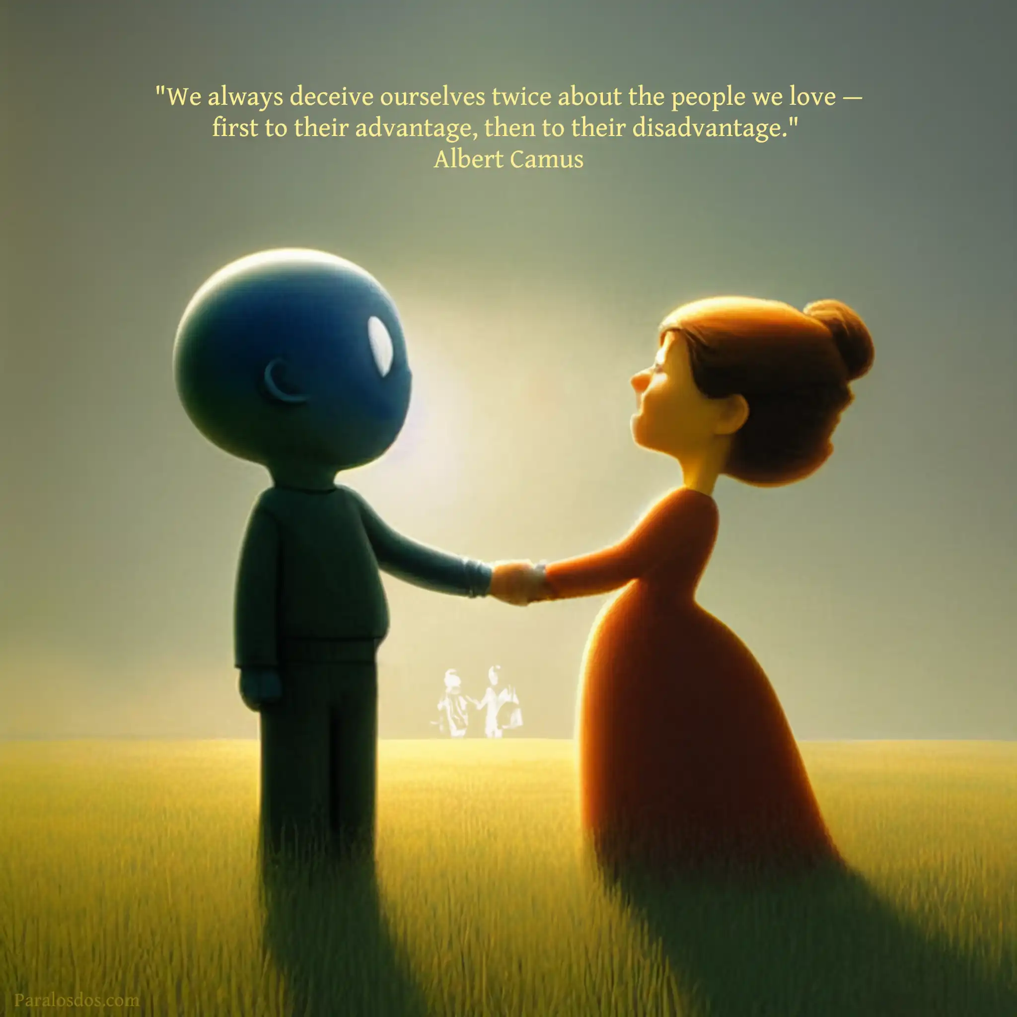 An artistic rendering of two figures holding hands. One seems to be an alien and the other a human woman. The quote reads: "We always deceive ourselves twice about the people we love — first to their advantage, then to their disadvantage." Albert Camus