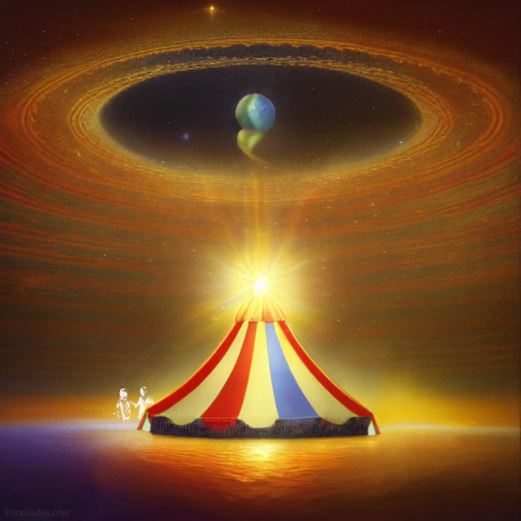 A fantastical artistic rendering of a circus tent that may be floating on a golden sea. There is a light that shines from the top and points to a planet above.