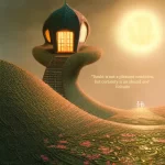 A fantastical artistic rendering of curved steps leading up to a small rounded building sitting on a small perch above a plain. The quote reads: "Doubt is not a pleasant condition, but certainty is an absurd one” Voltaire