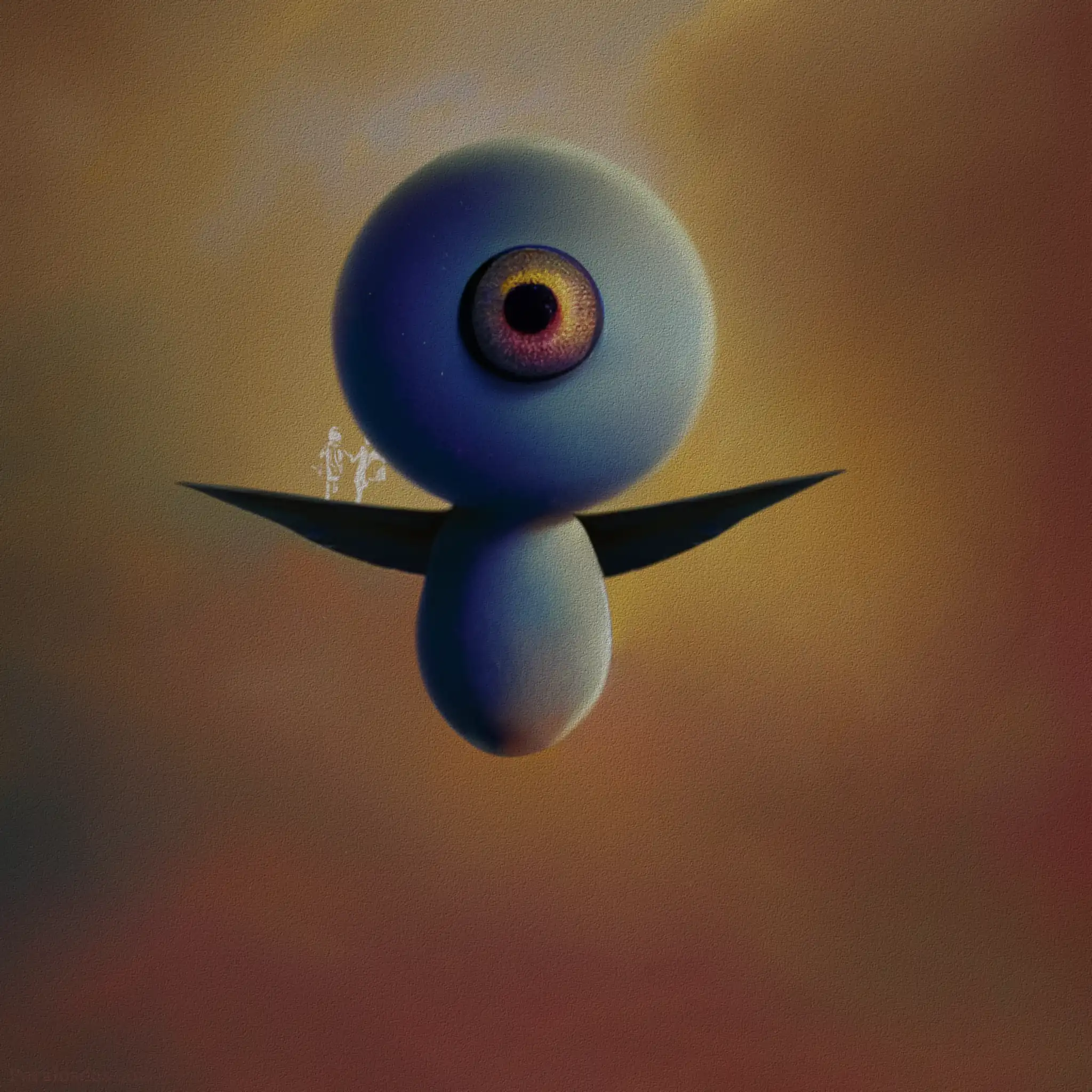 A fantastical artistic rendering of a strange birdlike creature with one eye hovering in the air.