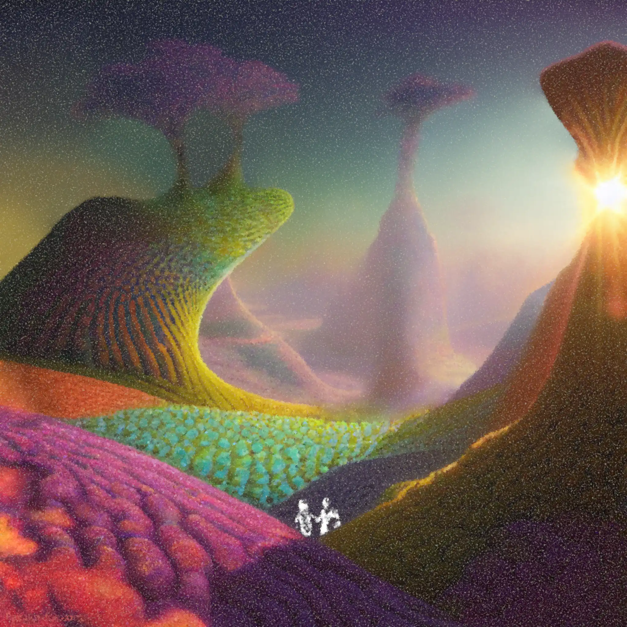 An artistic rendering of a colourful valley. The image has a Lorax like quality.