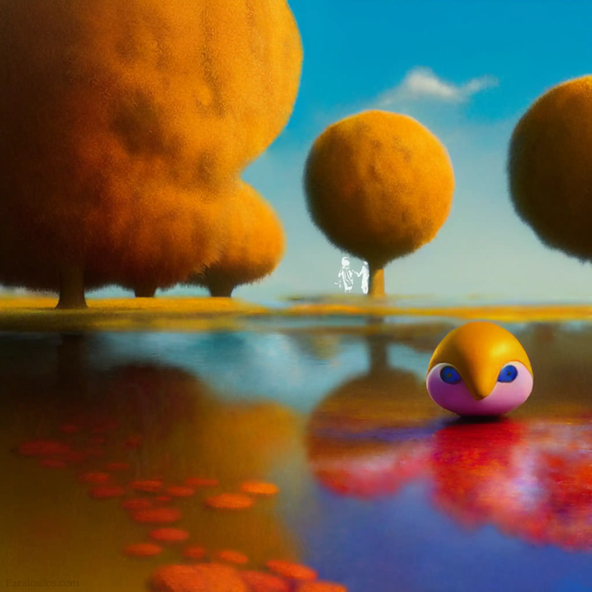 A fantastical artistic rendering of a colourful scene. There are round fluffy trees in the background and an odd creature that looks a bit like the head of a squashed owl in the front right staring out of the image.