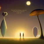 A fantastical artistic rendering of two figures backlit by a rising sun. Beside them are a very tall weird and goofy looking weird creature on the left, and an even taller mushroom like growth on the right. The quote reads: "We don’t see things as they are, we see them as we are." Anaïs Nin