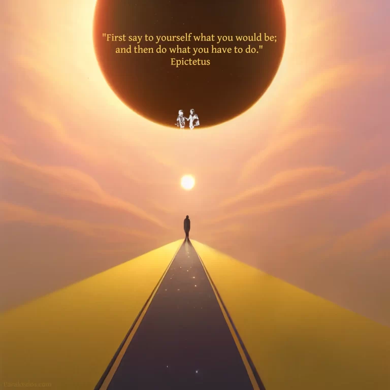 A fantastical artistic rendering of a figure at the end of a road that fades into the horizon. There is a large planet hanging in the sky. The quote reads: "First say to yourself what you would be; and then do what you have to do." Epictetus
