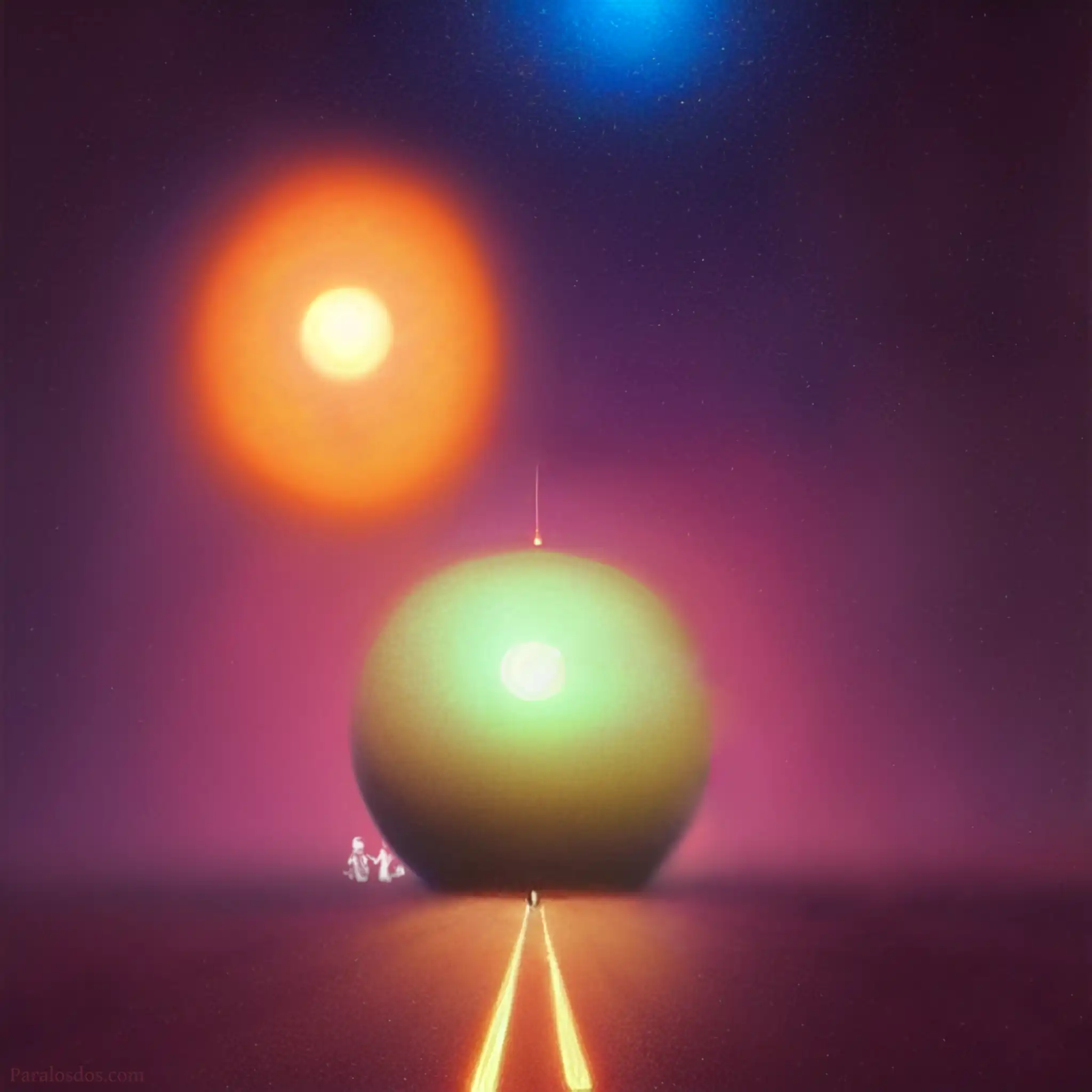 A fantastical artistic rendering of a huge green sphere at the end of a road and on the horizon. The road is lit as a runway would be. A sunlike planet glows in the sky in the left third of the image.