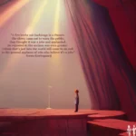 An artistic rendering of a figure backstage facing the open curtains about to go on. The quote reads: "A fire broke out backstage in a theatre. The clown came out to warn the public; they thought it was a joke and applauded. He repeated it; the acclaim was even greater. I think that's just how the world will come to an end: to the general applause of wits who believe it's a joke" Soren Kierkegaard