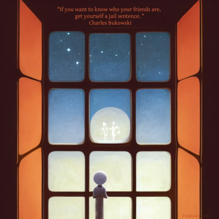 An artistic rendering of a figure behind a barred window looking out to a snowy world. The quote reads: "If you want to know who your friends are, get yourself a jail sentence. " Charles Bukowski