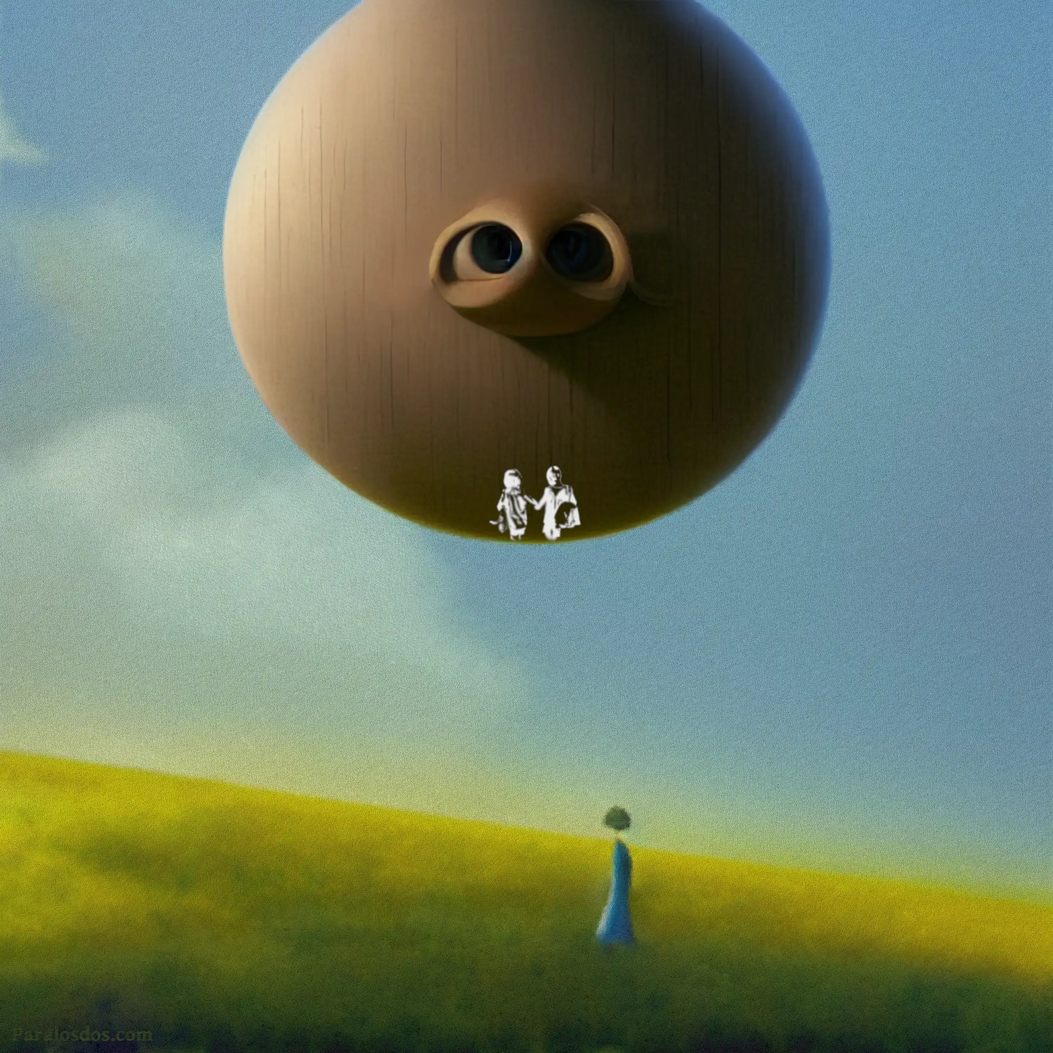 A fantastical artistic rendering of a large round object in the sky with eyes looking down upon a figure in a sloping field.