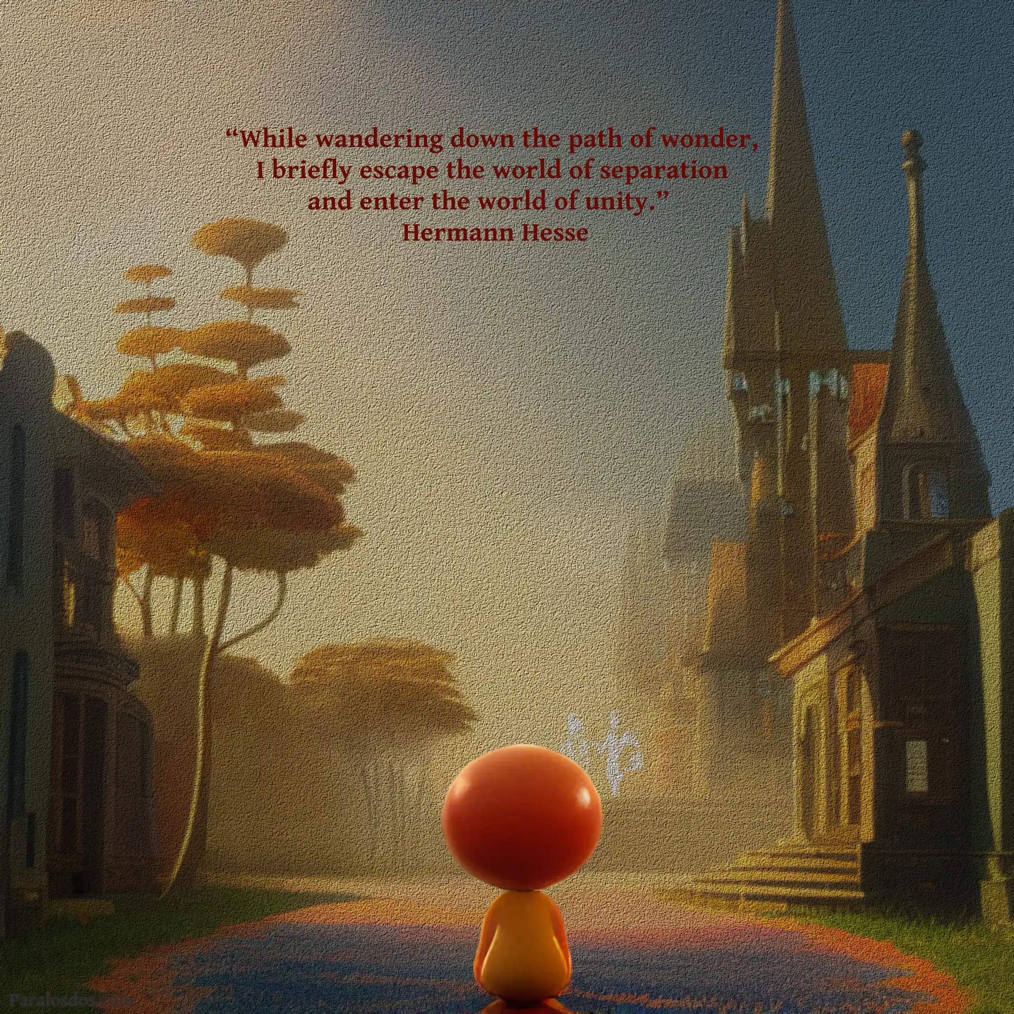 An artistic rendering of a figure in the foreground on a path in to a village. The quote reads: “While wandering down the path of wonder, I briefly escape the world of separation and enter the world of unity.” Hermann Hesse