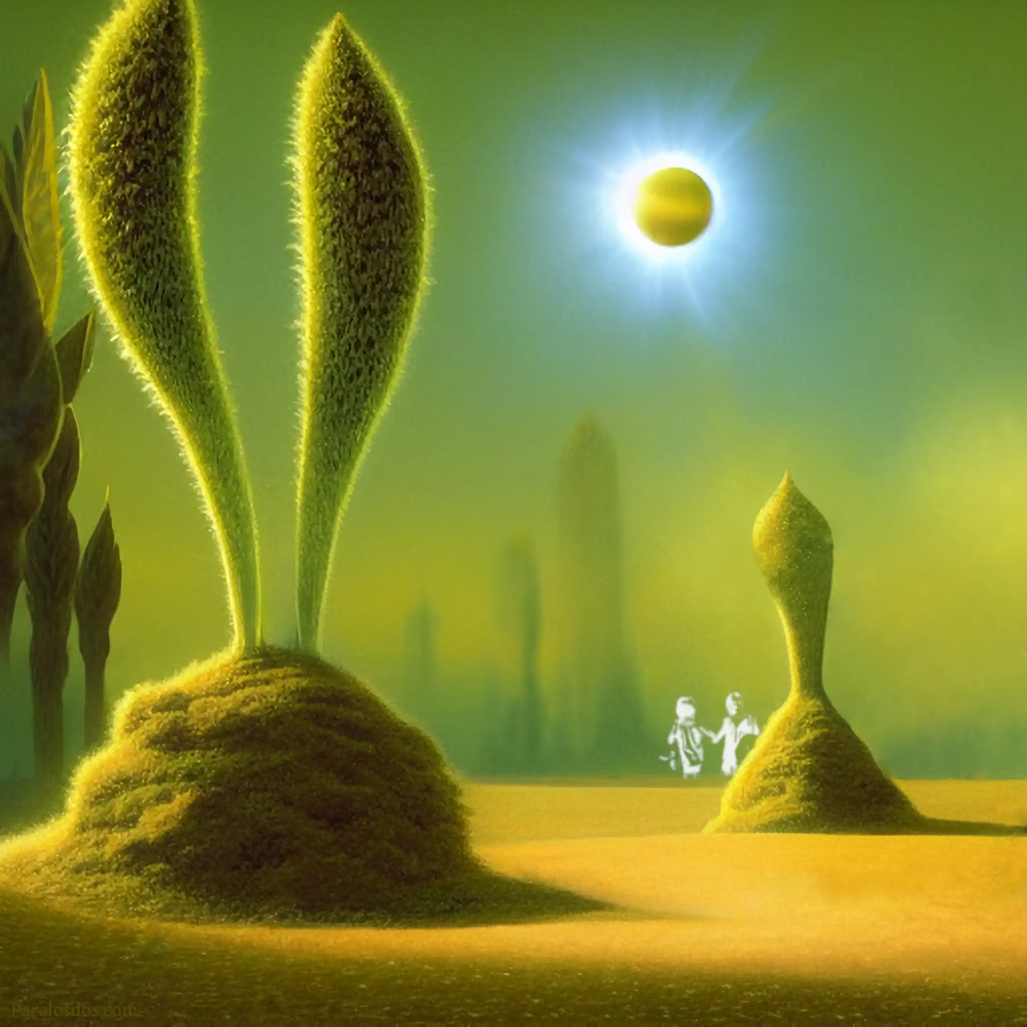 A fantastical artistic rendering of weird cacti shaped like bunny ears in a vista that could be underwater.