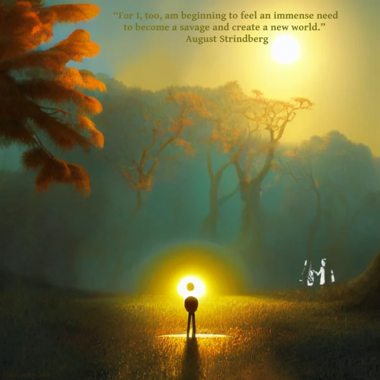 A fantastical artistic rendering of a figure bathed in light standing before a woods. The quote reads: “For I, too, am beginning to feel an immense need to become a savage and create a new world.” August Strindberg