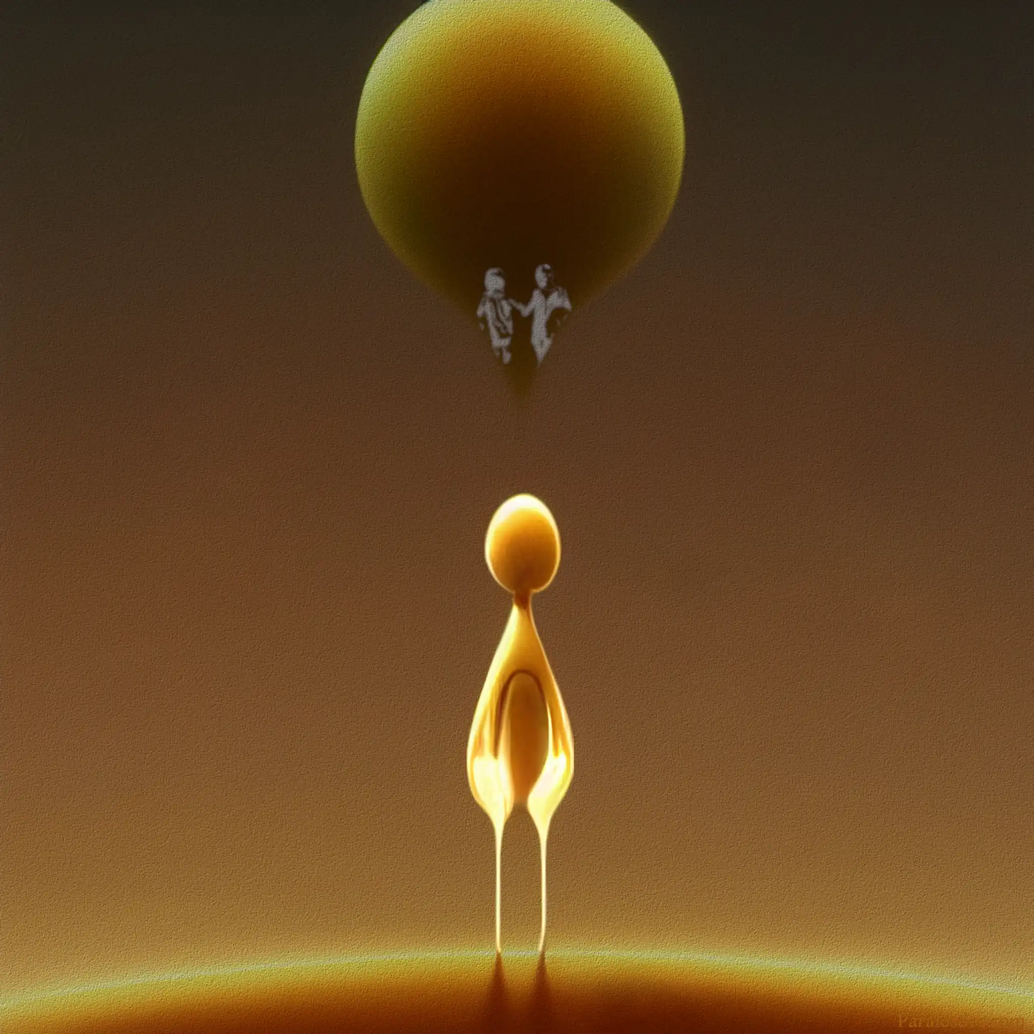 A fantastical artistic rendering of a spooky figure with internal light glowing, standing on the horizon and looking at a teardrop ball in the sky.