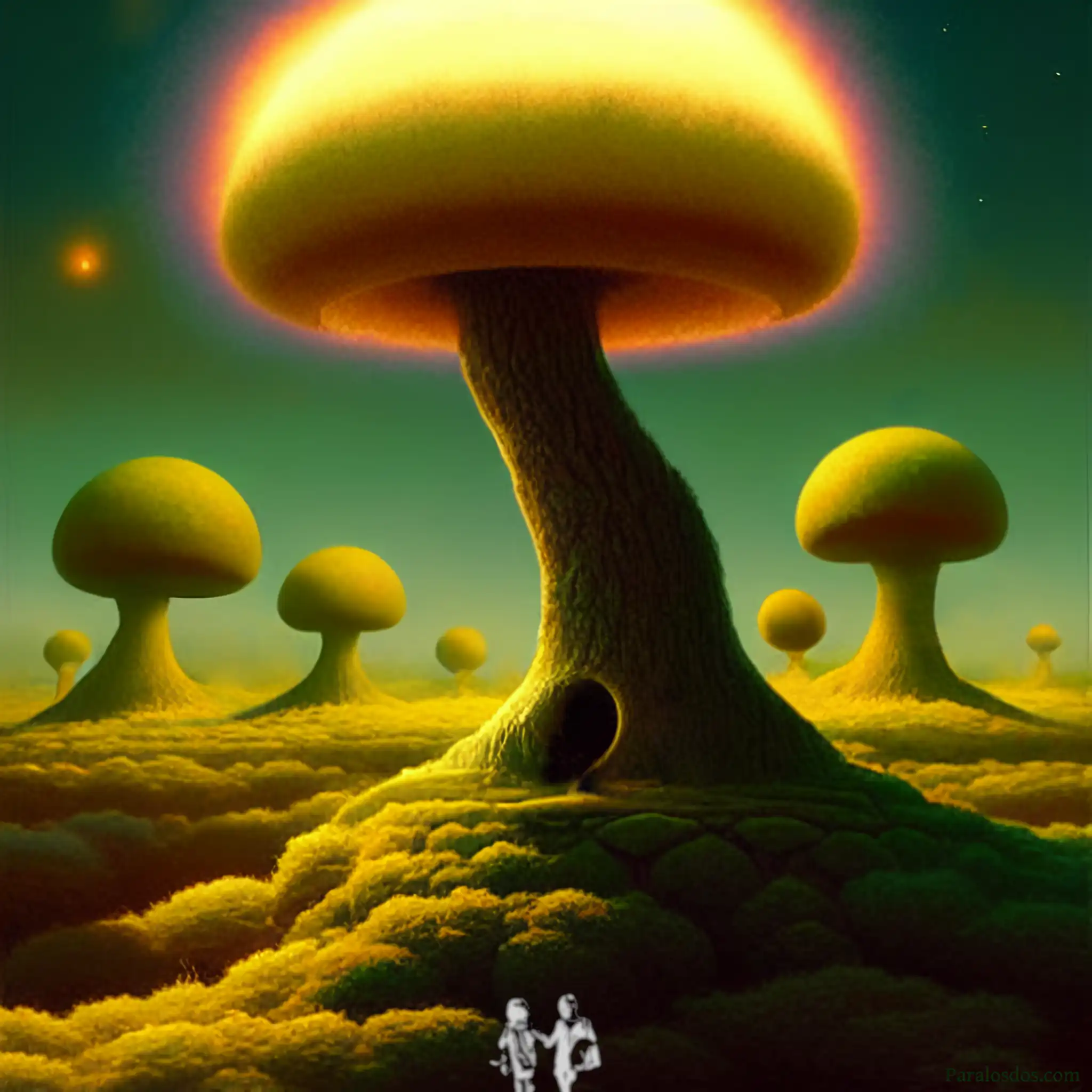 A fantastical artistic rendering of a huge tree with a mushroom top and a doorlike opening at the bottom.