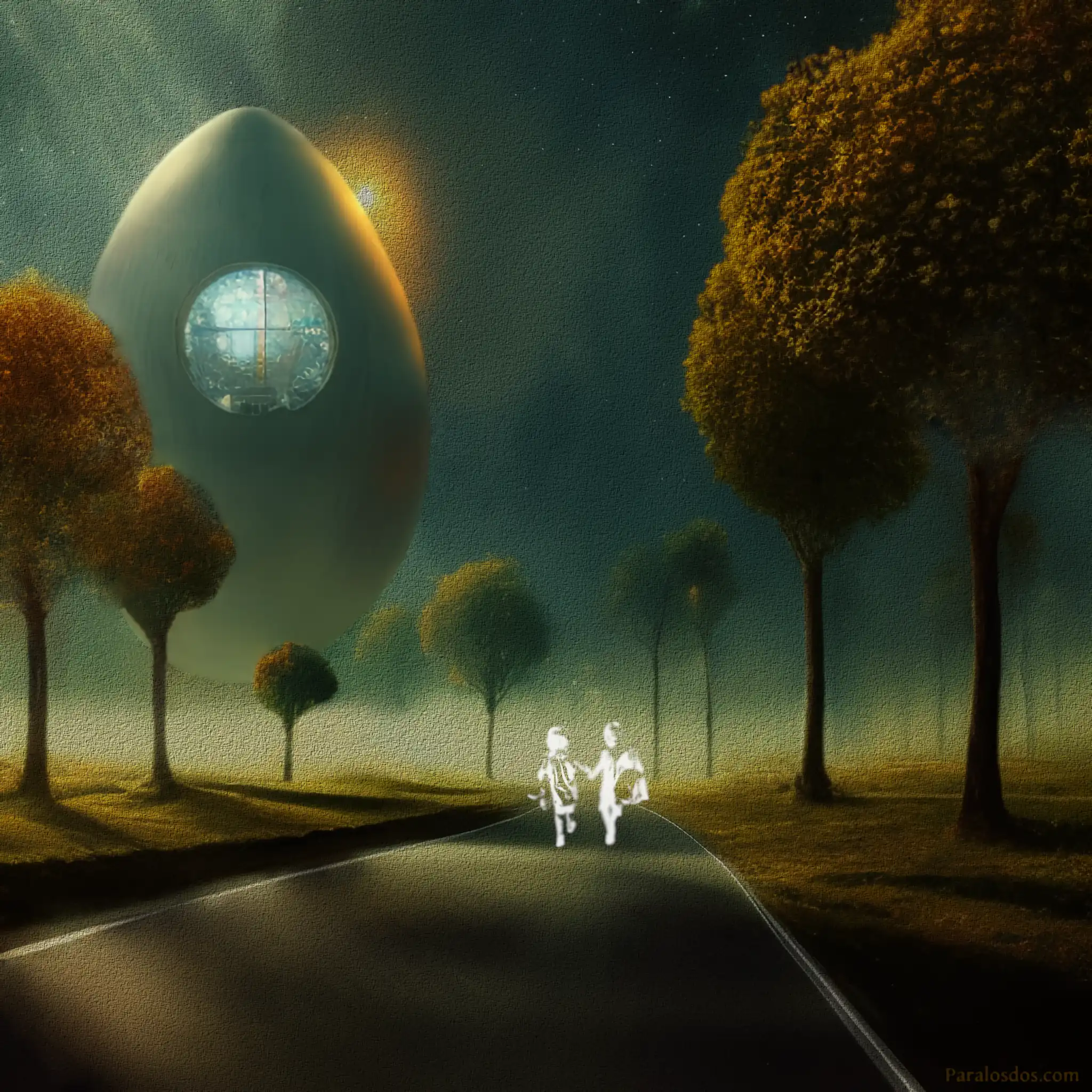 An artistic rendering of a road heading off to the horizon through trees. o the left is a large egg shaped spacecraft hovering above the ground. It has an illuminated portal looking out.