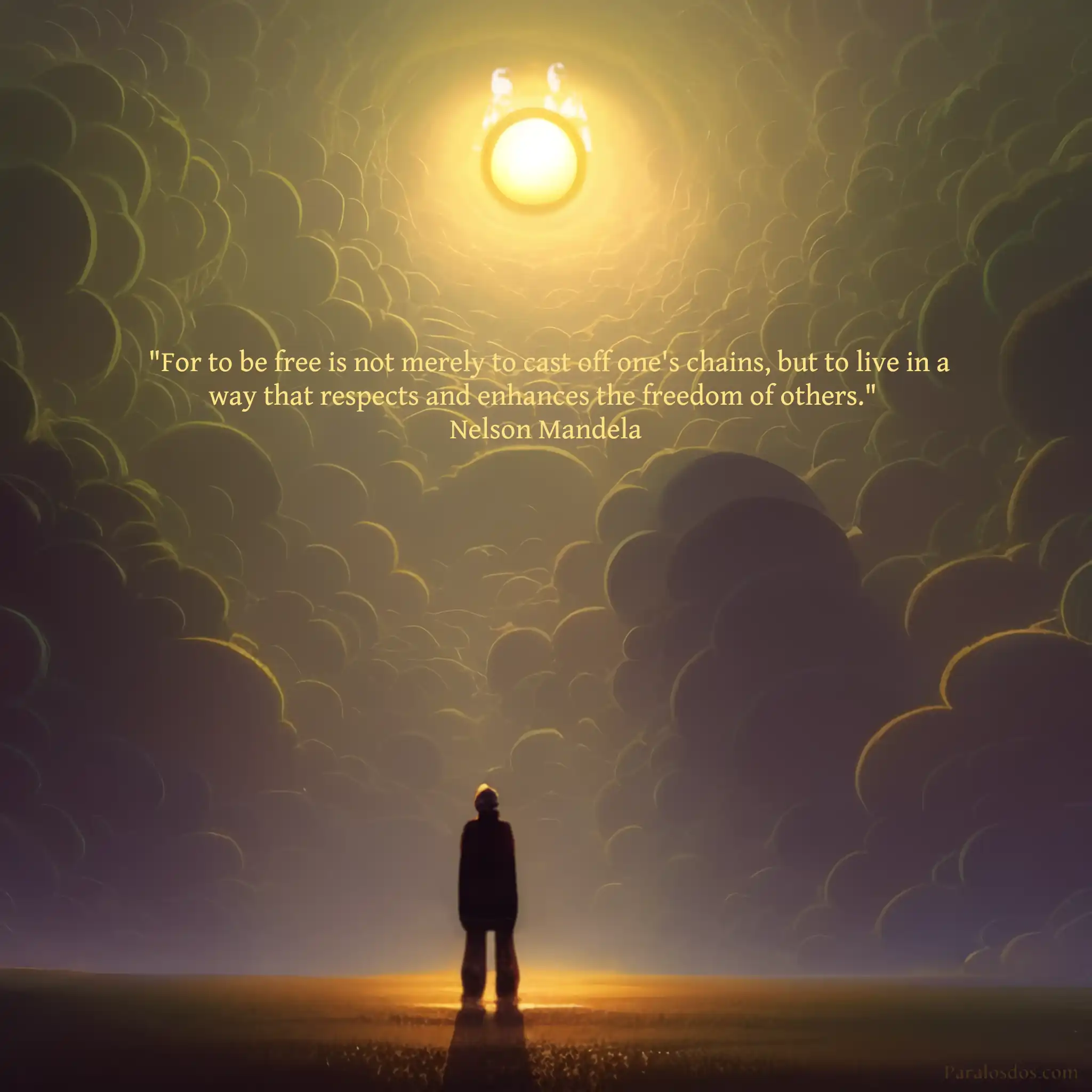 An artistic rendering of a figure standing before a circle of light high in the sky. Small clouds fill the image and appear to descend to below the horizon. The quote reads: "For to be free is not merely to cast off one's chains, but to live in a way that respects and enhances the freedom of others." Nelson Mandela