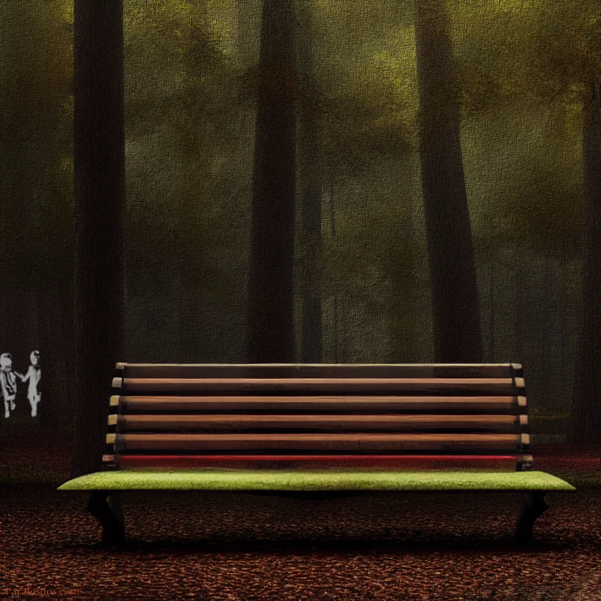 An artistic rendering of an empty bench that sits before a forest. It looks peaceful and inviting.