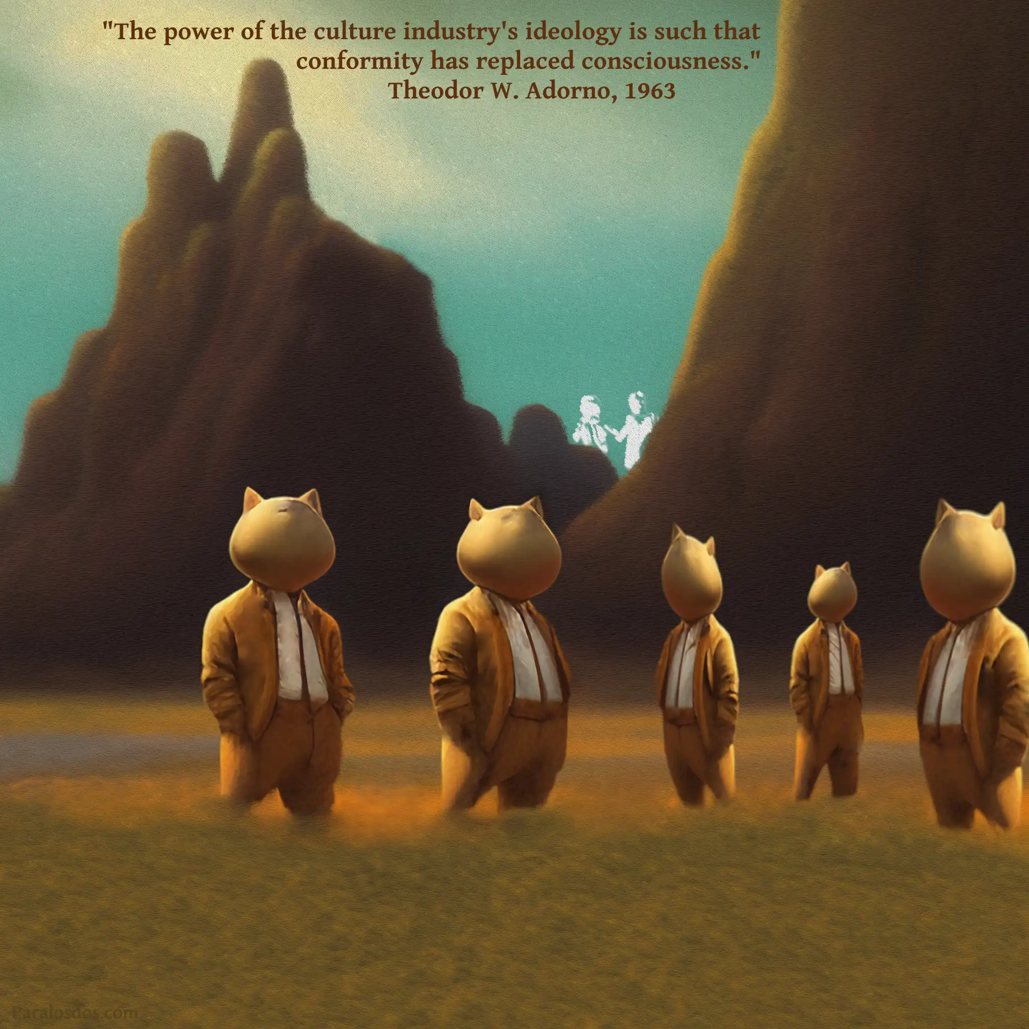 A fantastical artistic rendering of five figures with pig like heads in a filed. They are all wearing the same suits. The quote reads: "The power of the culture industry's ideology is such that conformity has replaced consciousness." Theodor W. Adorno