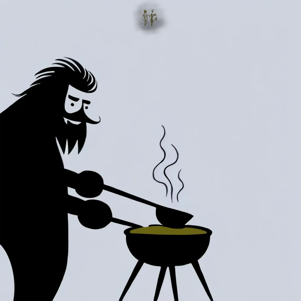 A black and white image of a caveman using a barbecue.