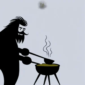 A black and white image of a caveman using a barbecue.