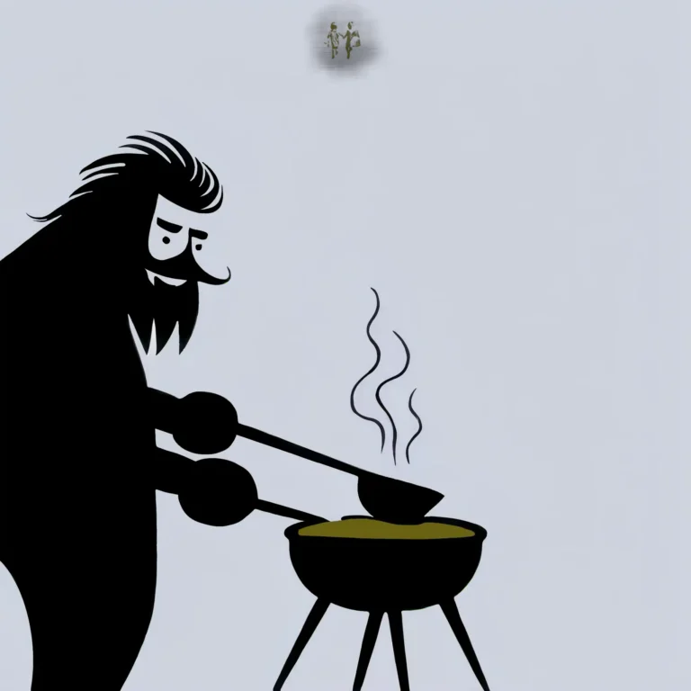 A black and white image of a caveman using a barbecue.