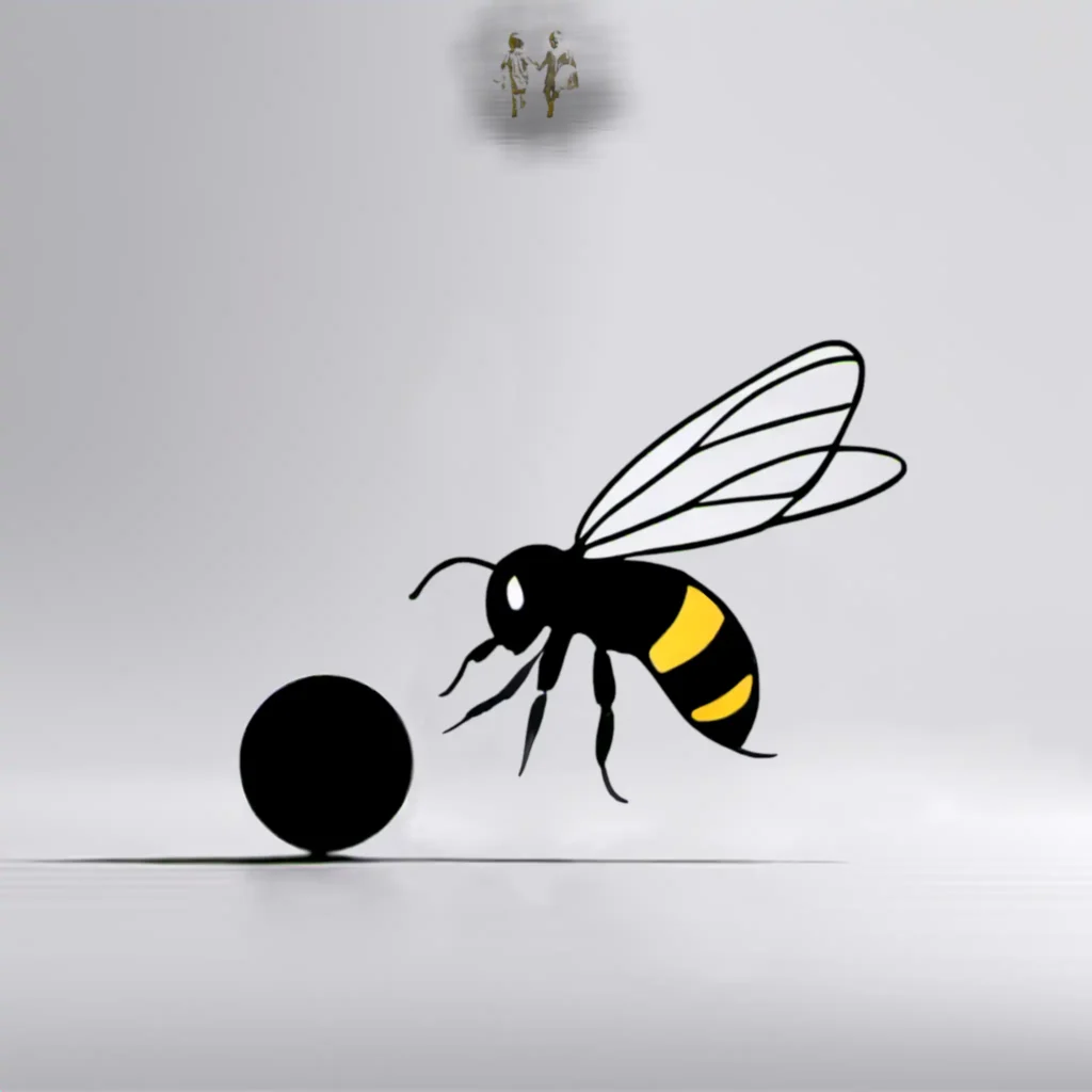 A black and white image of a bee pushing a ball.