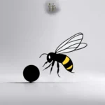 A black and white image of a bee pushing a ball.
