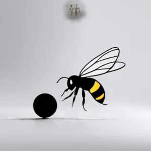 A black and white image of a bee pushing a ball.