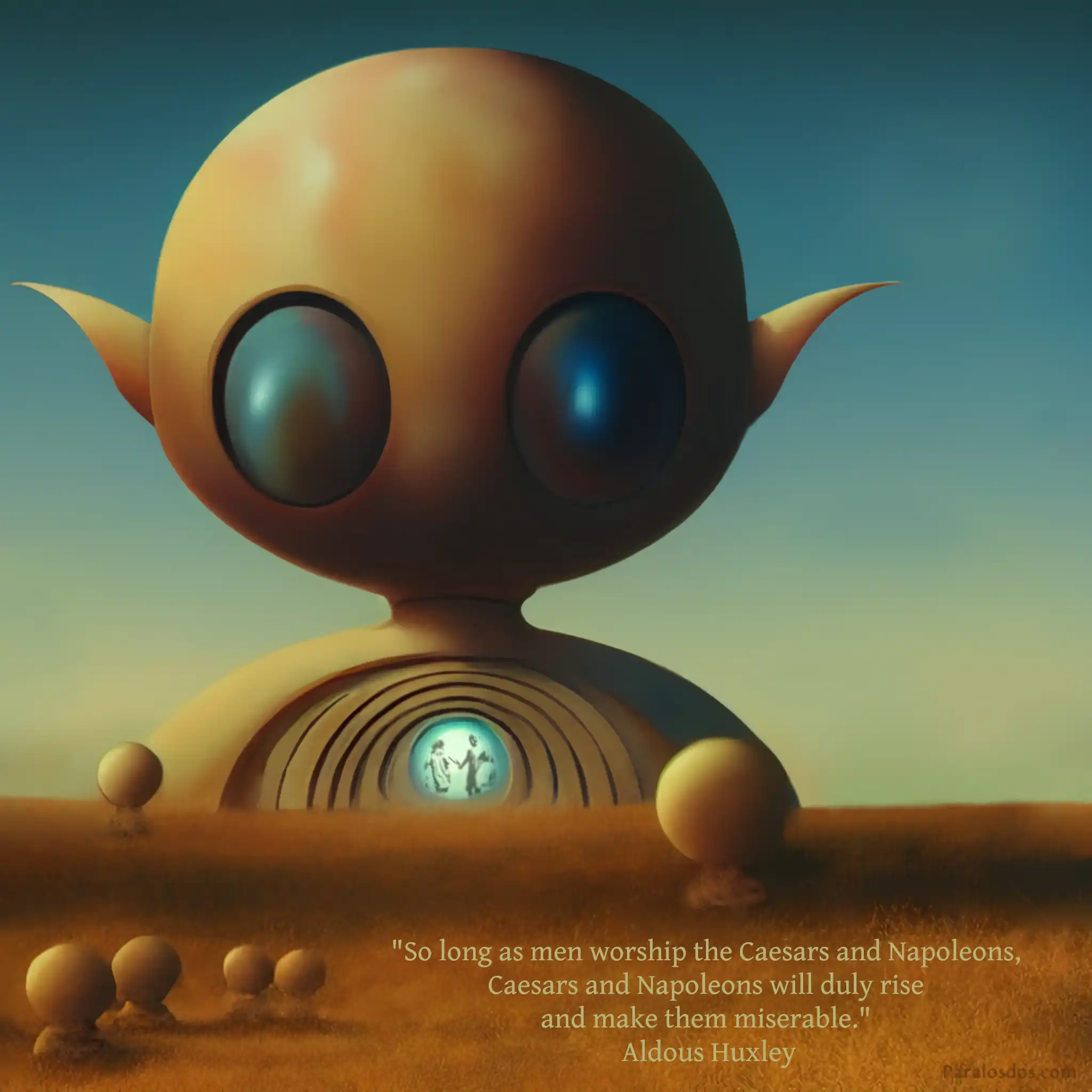 A fantastical artistic rendering of a giant headed creature with huge eyes dominating the horizon, while small creatures are in the foreground. The quote reads: "So long as men worship the Caesars and Napoleons, Caesars and Napoleons will duly rise and make them miserable." Aldous Huxley