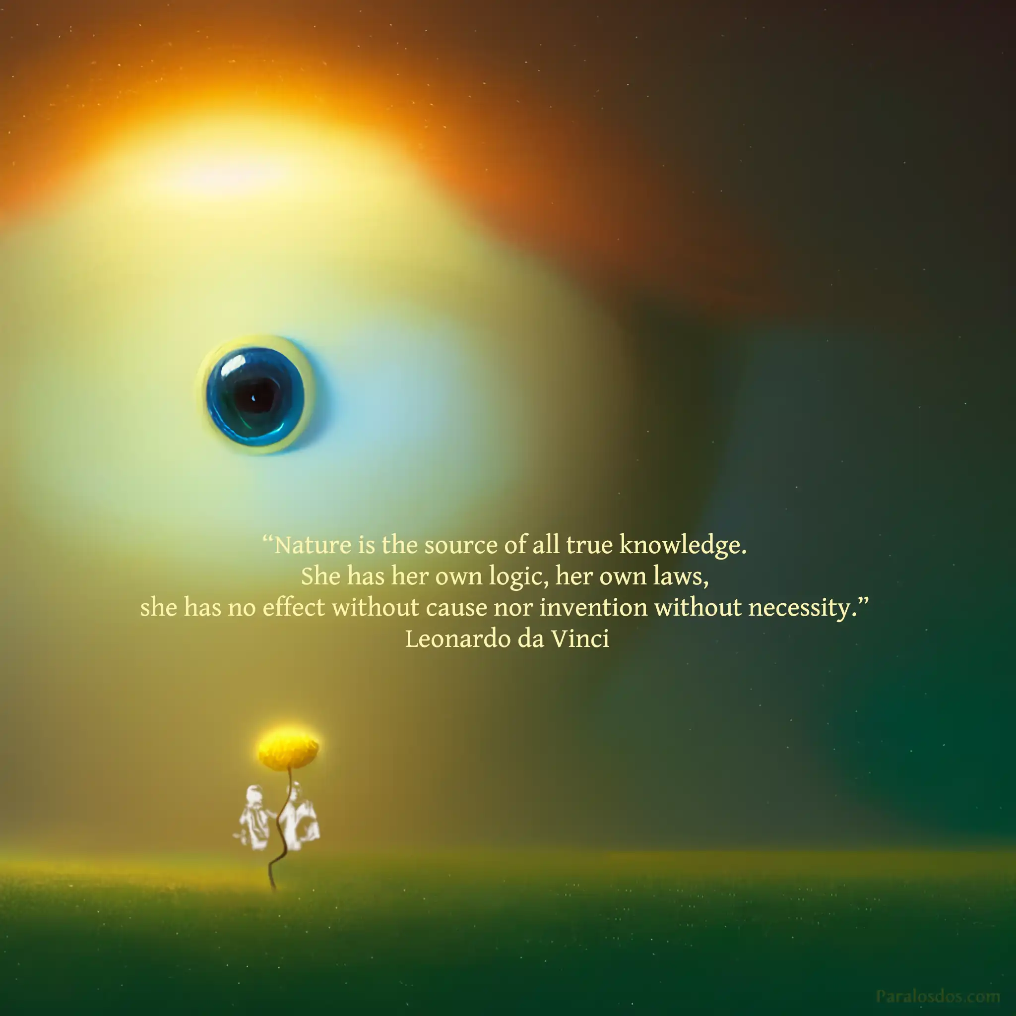 A fantastical artistic rendering of a single seedling sprouting up. In the background is an eye that appears to be part of a giant creature. The quote reads: “Nature is the source of all true knowledge. She has her own logic, her own laws, she has no effect without cause nor invention without necessity.” Leonardo da Vinci