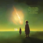 An artistic rendering of two figures, one in the foreground, looking out past the horizon to a galaxy. The quote reads: “If we want peace, we have to be peace. Peace is a practice, not a hope.” Thich Nhat Hahn