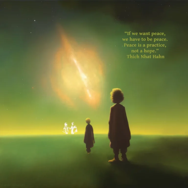 An artistic rendering of two figures, one in the foreground, looking out past the horizon to a galaxy. The quote reads: “If we want peace, we have to be peace. Peace is a practice, not a hope.” Thich Nhat Hahn