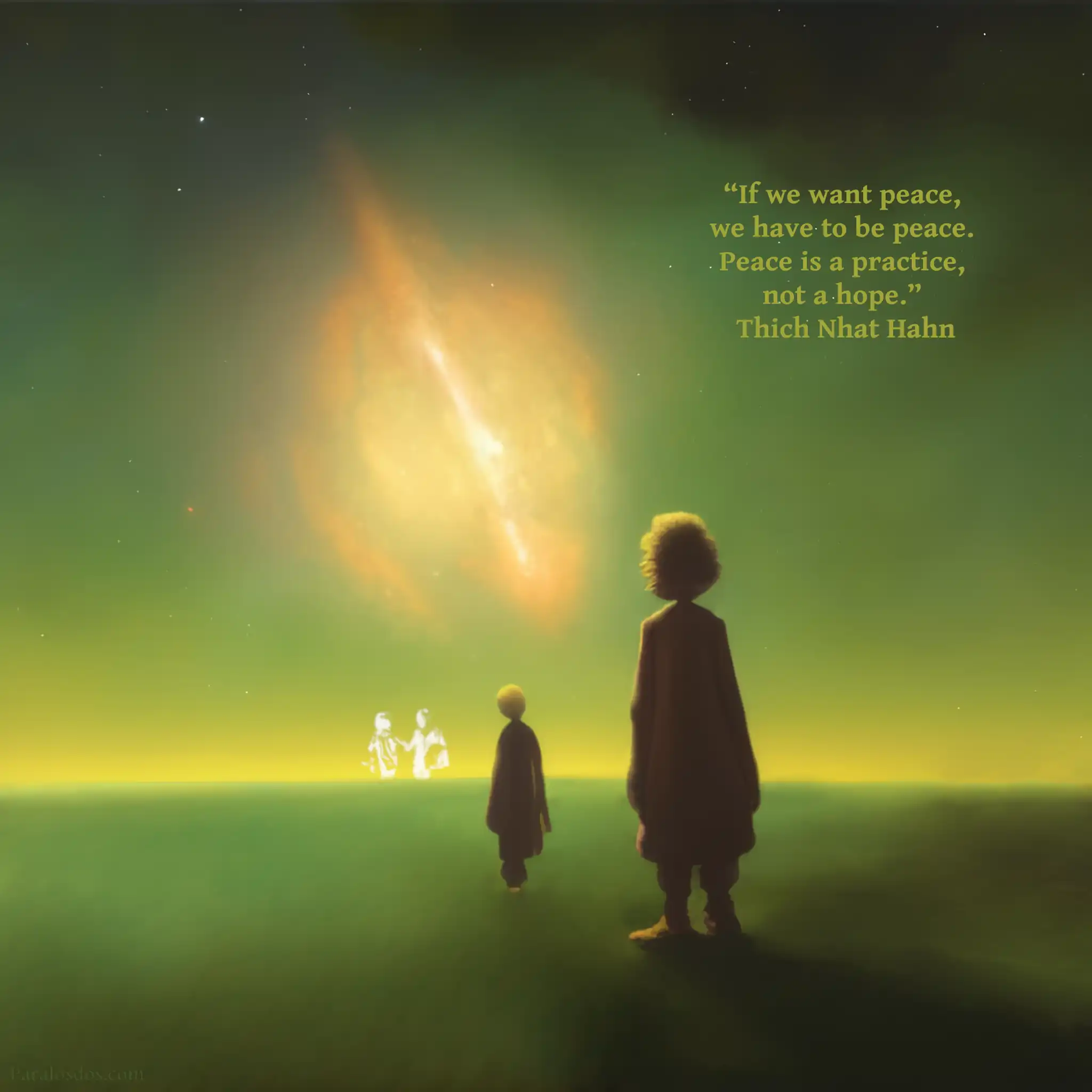 An artistic rendering of two figures, one in the foreground, looking out past the horizon to a galaxy. The quote reads: “If we want peace, we have to be peace. Peace is a practice, not a hope.” Thich Nhat Hahn