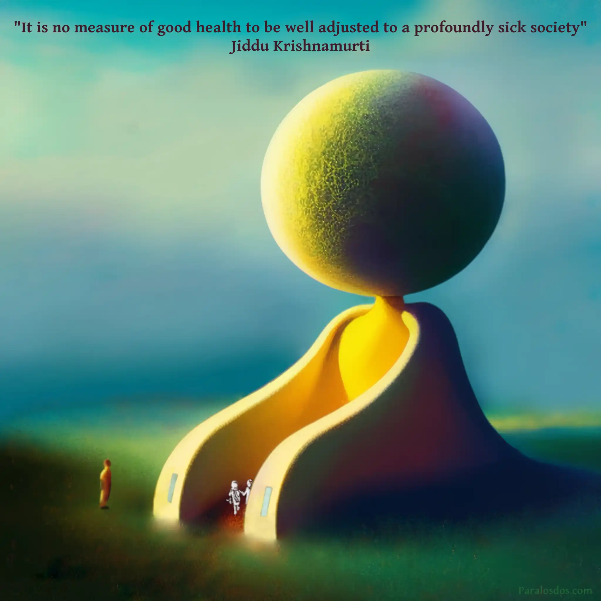 A fantastical artistic rendering of a sphinx like entity whose arms form walls on a path inwards, There is a very small figure standing before the entrance. The quote reads: "It is no measure of good health to be well adjusted to a profoundly sick society" Jiddu Krishnamurti