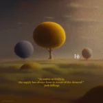 An artistic rendering of three odd looking trees on a plain with the horizon behind them. The quote reads: "As scarce as truth is, the supply has always been in excess of the demand." Josh Billings