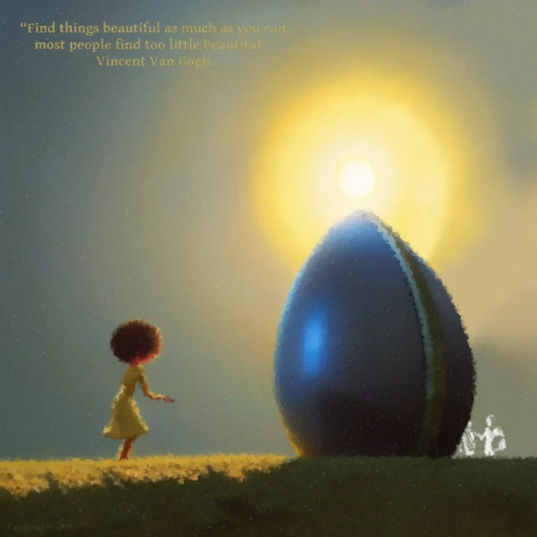 A fantastical artistic rendering of a figure standing before a giant egg shaped object. The quote reads: “Find things beautiful as much as you can, most people find too little beautiful." Vincent van Gogh