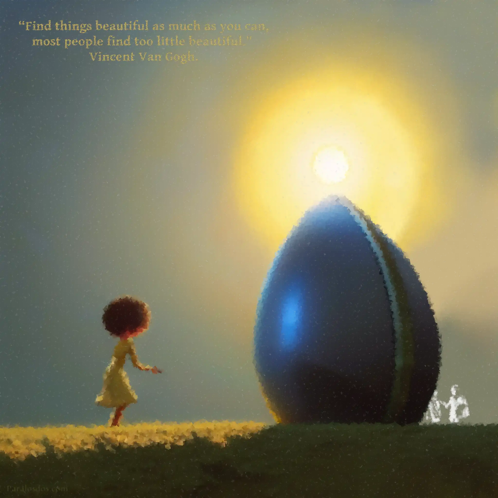 A fantastical artistic rendering of a figure standing before a giant egg shaped object. The quote reads: “Find things beautiful as much as you can, most people find too little beautiful." Vincent van Gogh