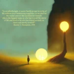 A fantastical artistic rendering of a figure before a round lighted portal and a tree trunk that rises into a round light. The quote reads: "As an afterthought, it seems hardly proper to write of life without once mentioning happiness; so we shall let the reader answer this question for himself: who is the happier man, he who has braved the storm of life and lived or he who has stayed securely on shore and merely existed?" Hunter S. Thompson, 1955