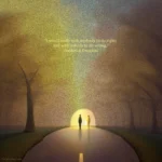 An artistic rendering of two figures walking down the center of a road to an illuminated opening. The quote reads: "I would unite with anybody to do right; and with nobody to do wrong." Frederick Douglass