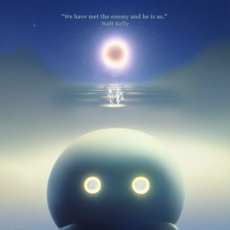 A fantastical artistic rendering of a huge round alien head in the foreground and bottom of the image. The quote reads: " We have met the enemy and he is us." Walt Kelly