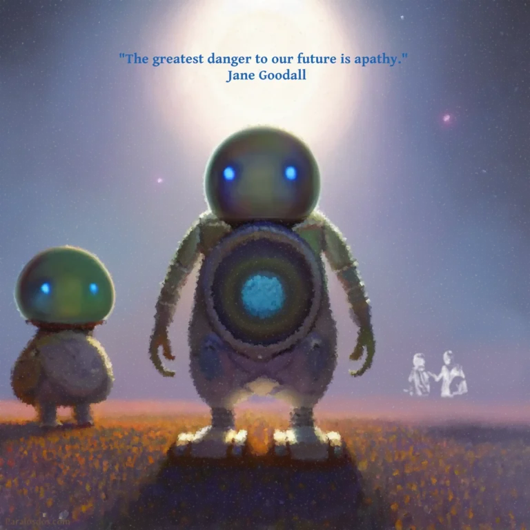 A fantastical artistic rendering of an alien spaceman standing in front of an alien space child. The quote reads: "The greatest danger to our future is apathy." Jane Goodall