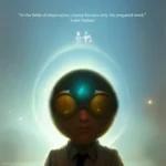 A fantastical artistic rendering of a round headed human like figure in the foreground with a halo around the head. The quote reads: "In the fields of observation, chance favours only the prepared mind." Louis Pasteur