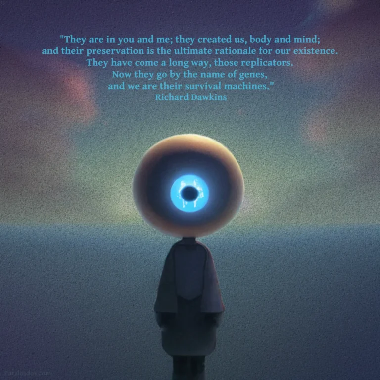 A fantastical artistic rendering of a roundheaded figure with one eye. The quote reads: "They are in you and me; they created us, body and mind; and their preservation is the ultimate rationale for our existence. They have come a long way, those replicators. Now they go by the name of genes, and we are their survival machines." Richard Dawkins